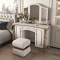 Elegant White Dressing Table With Gold Accents Mirror Stool And Flowers In Bedroom