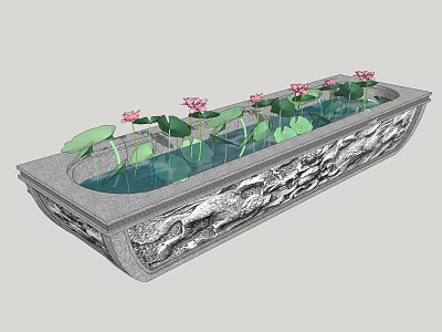 Garden Ornament Stone Carved Container With Lotus Leaves And Pink Flowers On Water Surface 3d model
