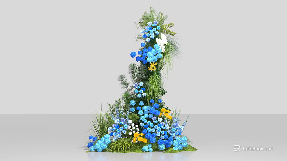 Stunning Decorative Floral Installation Featuring Blue Yellow Flowers And Green Foliage 3d model 