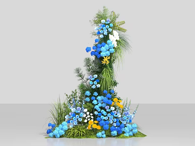 Stunning Decorative Floral Installation Featuring Blue Yellow Flowers And Green Foliage 3d model