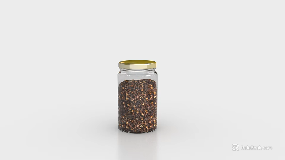 Transparent Glass Spice Jar With Golden Lid And Spice Granules On White Surface 3d model 