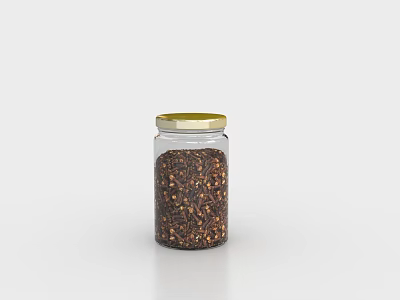Transparent Glass Spice Jar With Golden Lid And Spice Granules On White Surface 3d model