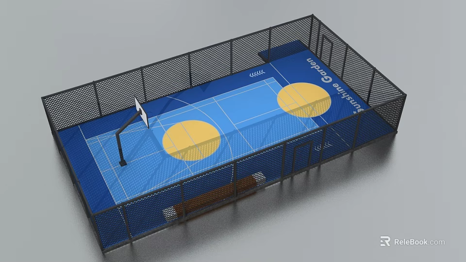 Indoor Basketball Court With Blue Floor Yellow Circles Fenced Enclosure And Benches 3d model 