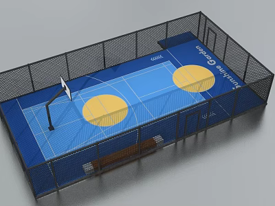 Indoor Basketball Court With Blue Floor Yellow Circles Fenced Enclosure And Benches 3d model