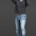 Men In Dark Sweater Blue Jeans Various Poses Checking Watch Looking At Phone Adjusting Hair