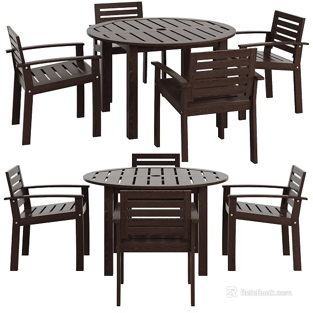 Durable Dark Brown Slatted Round Outdoor Table Set With Matching Sturdy Patio Dining Armchairs 3d model 