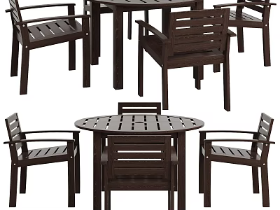 Durable Dark Brown Slatted Round Outdoor Table Set With Matching Sturdy Patio Dining Armchairs 3d model