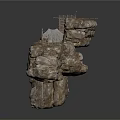 Natural Rock Formation With Rustic Wooden Scaffolding And Small House Structure