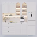 White Modern Kitchen Wine Cabinet with Glass Doors LED Lighting and Countertop Drawers