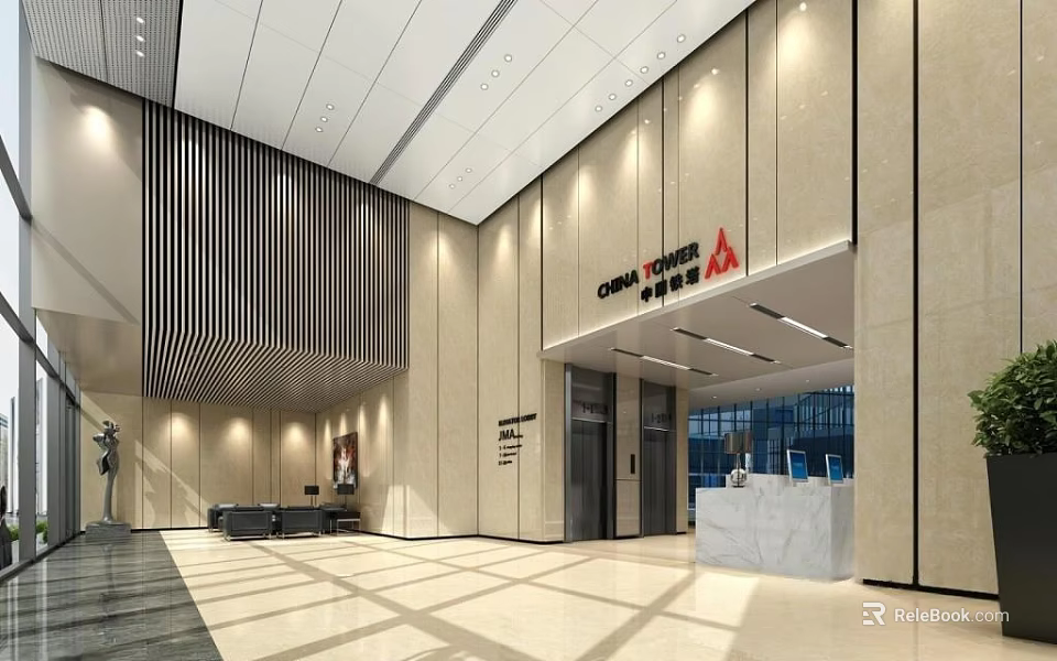 Modern Hotel Lobby With Spacious Interior Marble Reception Desk And Elegant Lighting 3d model 