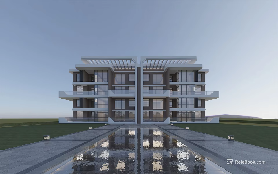 Modern Residential Building with Glass Windows Balconies and Water Pool Reflection on Green Lawn 3d model 