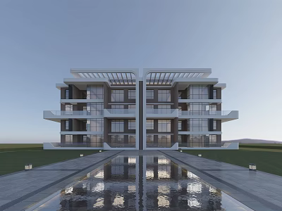 Modern Residential Building with Glass Windows Balconies and Water Pool Reflection on Green Lawn 3d model