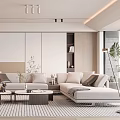 Modern Living Room Interior With Natural Texture Wall Moon Shaped Lamp White Chairs And Sofa