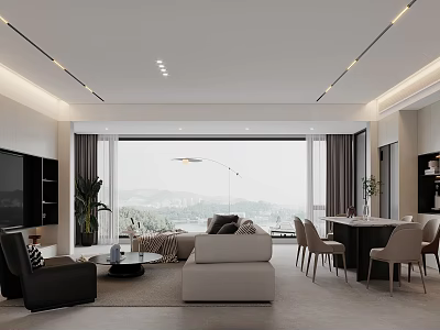 Modern Living And Dining Room Interior Design With Large Windows Sofa Set And Dining Table 3d model