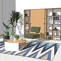 Green Sofa And White Round Coffee Table Set With Wooden Bookshelf Plants And Geometric Rug
