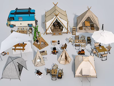 Assorted Camping Tents With Camper Van Tables Chairs Fire Pits And Umbrella 3d model