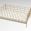 Modern Double Bed with Golden Metal Railing Frame and White Geometric Pattern Mattress