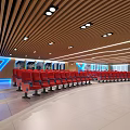 Modern Conference Room Interior With Blue Seats Wooden Slatted Ceiling Large Screen And Lighting
