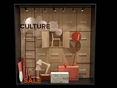 Window Display Showcasing Culture Couture Home Accessories Sale and Decorative Items 3d model