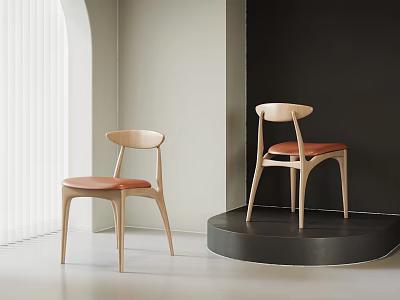 Two Modern Minimalist Dining Chairs With Wooden Frame And Orange Leather Seats On Display Stand 3d model