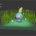 Blue Cartoon Game and Movie Character with Yellow Ears and White Orbs in Green Grass and Water