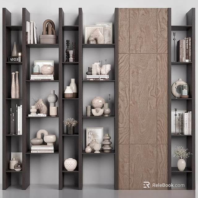 Modern Wooden Shelving Unit with Decorative Vases Books Sculptures and Photo Frames 3d model 