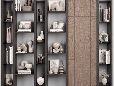 Modern Wooden Shelving Unit with Decorative Vases Books Sculptures and Photo Frames 3d model