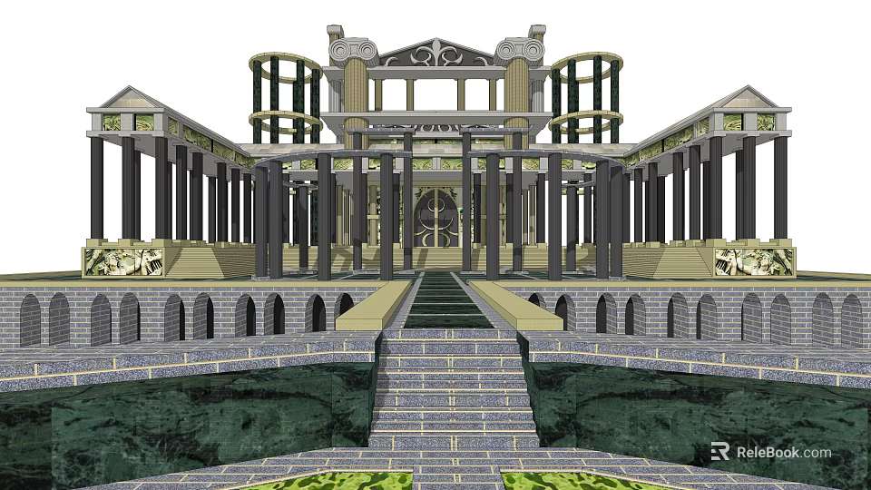 Grand Ancient Architecture With Symmetrical Columns Stone Steps And Courtyard Design 3d model