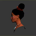 Red Skinned Female Character With Black Bun Hairstyle Red Hair Ribbon Blue Necklace Red Outfit