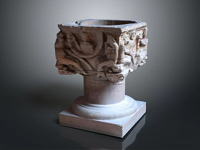 Plant Growing In Intricate Carved Stone Planter With Detailed Base Design 3d model
