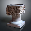 Plant Growing In Intricate Carved Stone Planter With Detailed Base Design
