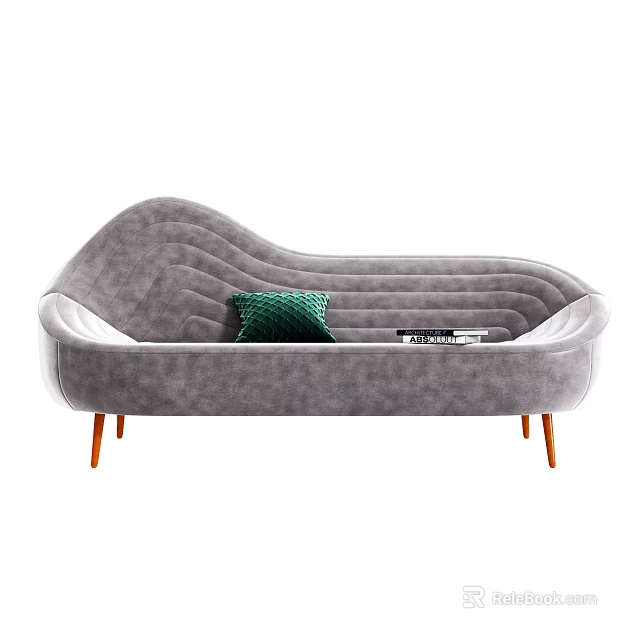 Gray Velvet Multi person Sofa With Curved Design Green Cushion And Orange Legs 3d model 