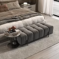 Modern Bedroom With Gray Bed Velvet Bench Bedside Table And Small Round Table On Rug