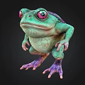 Vibrant Green Frog with Red Eyes Purple Feet and Textured Skin 3D Render