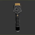 Futuristic Sci Fi Handgun Featuring Gold Accents Black Body And Blue Grip Design