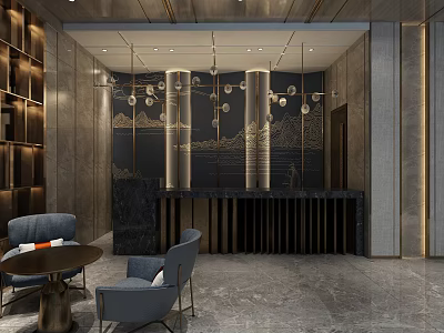 Elegant Hotel Lobby Interior Design With Reception Desk Chandeliers And Marble Floor 3d model