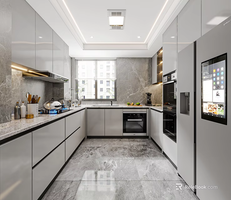 Modern Kitchen Interior With White Cabinets Marble Countertops And Stainless Steel Appliances 3d model 