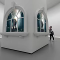 Cultural Center Exhibition Space With White Arched Windows And Visitor Interaction