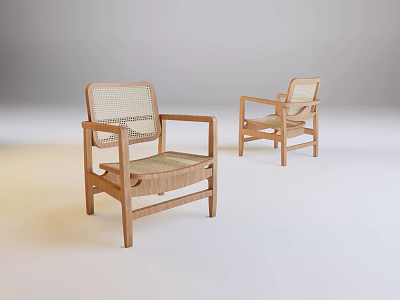 Minimalist Wooden Framed Woven Leisure Chairs With Light Tones And Neutral Background Setting 3d model