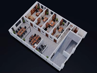 Birds Eye View Of Interior Office Layout With Tables Chairs Plants And Staircase 3d model