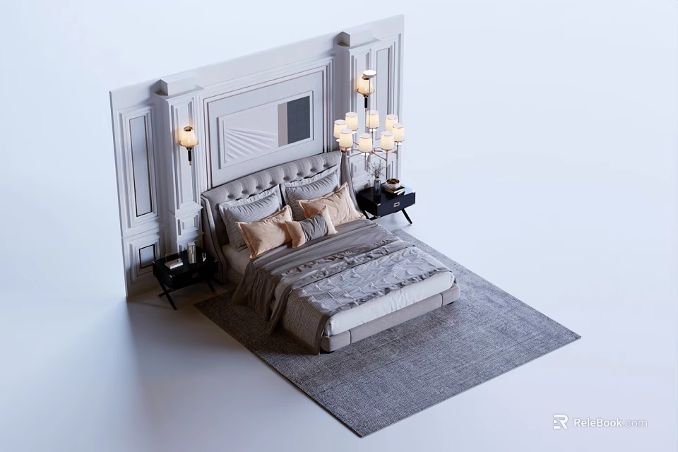 Elegant Background Double Bed In Bedroom With Upholstered Headboard Gray Rug And Decorative Wall Panels 3d model 