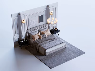 Elegant Background Double Bed In Bedroom With Upholstered Headboard Gray Rug And Decorative Wall Panels 3d model