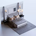 Elegant Background Double Bed In Bedroom With Upholstered Headboard Gray Rug And Decorative Wall Panels