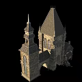Ancient Architectural Building with Tower Spire Stone Walls and Arched Windows