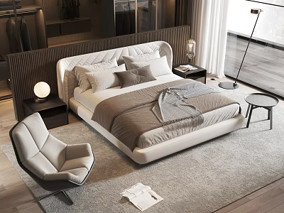 Modern Bedroom Interior with White Double Bed Soft Pillows Nightstand Armchair Cozy Rug and Natural Light 3d model