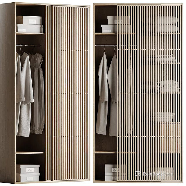 Modern Wardrobe Interior With Hanging Clothes And Wooden Sliding Doors 3d model 