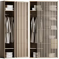 Modern Wardrobe Interior With Hanging Clothes And Wooden Sliding Doors