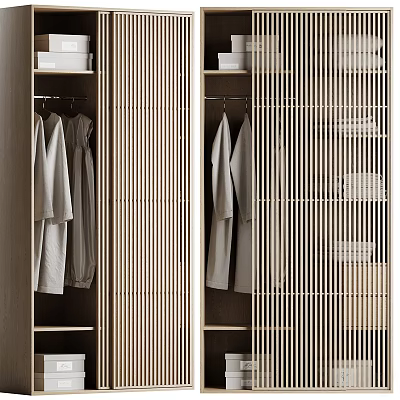 Modern Wardrobe Interior With Hanging Clothes And Wooden Sliding Doors 3d model