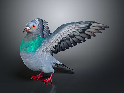 Gray Pigeon Displaying Spread Wings Green Neck Red Eyes And Red Feet 3d model