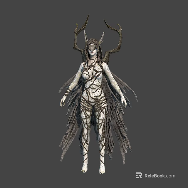 Mystical Nature Spirit Character With Tree Branch Antlers Vine Patterned Body And Feathery Wings 3d model 